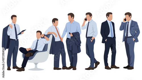 Collection of businessmen in suits standing and sitting in various poses.