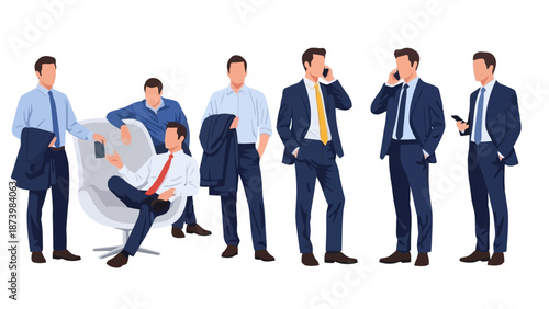 A group of businessmen in suits standing and sitting, some holding phones, against a white background.