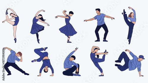 A collection of diverse dancers performing various ballet, contemporary, and hip-hop moves.