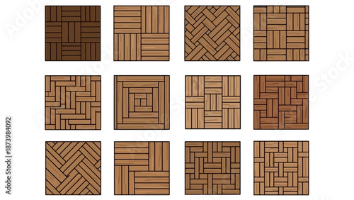 A collection of twelve square wooden floor tile patterns with various parquet designs.