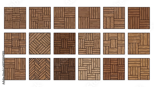 A collection of 15 square wooden deck tiles, each showcasing a unique parquet flooring pattern.