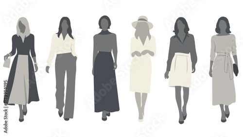 A collection of six diverse women's fashion silhouettes in monochrome tones, showcasing elegant attire.