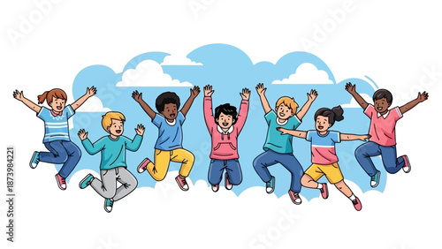 A diverse group of happy children jumping in the air with joy against a cloudy sky background.