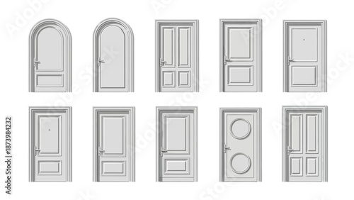 A collection of ten different white interior doors with various panel designs and arch tops, presented in two rows against a white background.