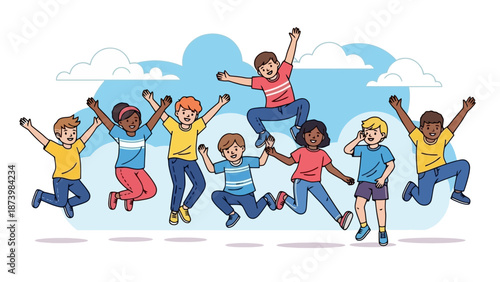 A diverse group of happy children jumping joyfully in the air against a cloudy sky.