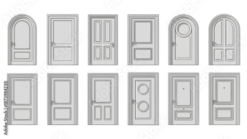 A collection of various white doors with different paneling and decorative elements, presented in two rows.