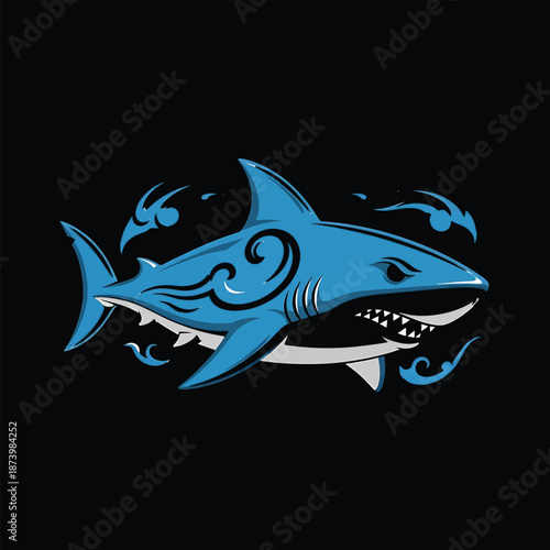 Stylized Blue Shark with Tribal Tattoo Design on Black Background.