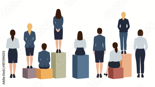 Diverse group of people standing on podiums of varying heights, representing success and achievement.