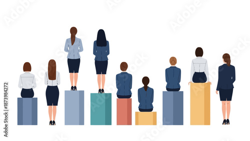 Diverse group of people standing and sitting on different height podiums representing inequality or hierarchy.