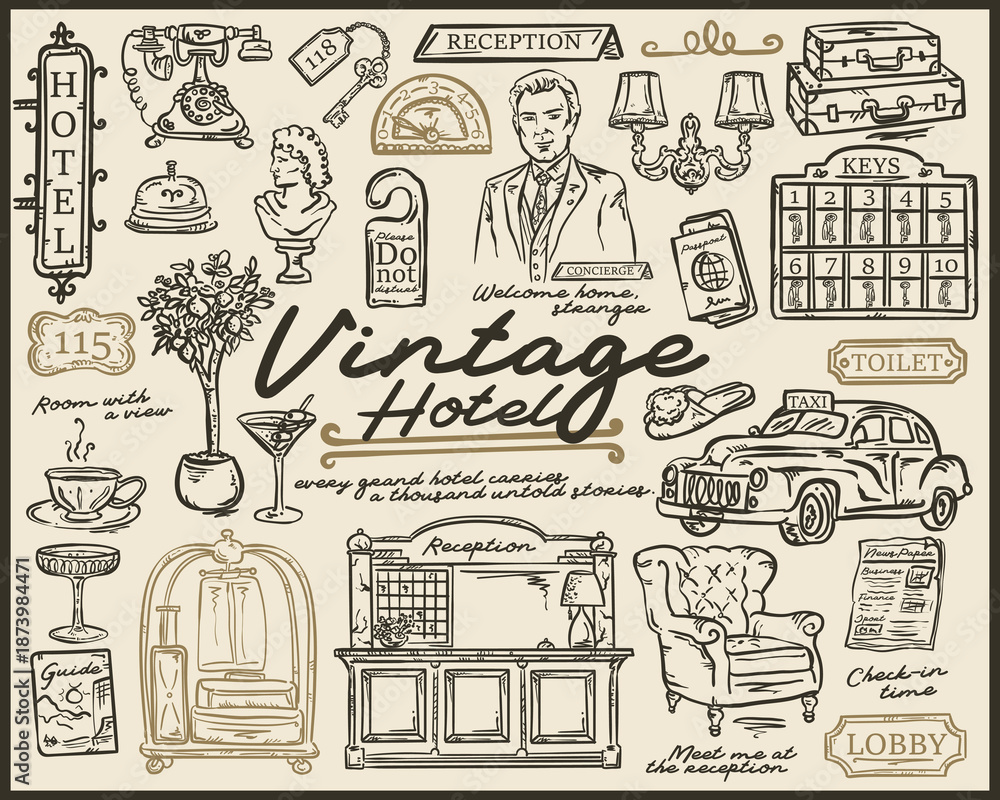 Obraz premium Vintage Hotel Whimsical hand drawn vector illustration set