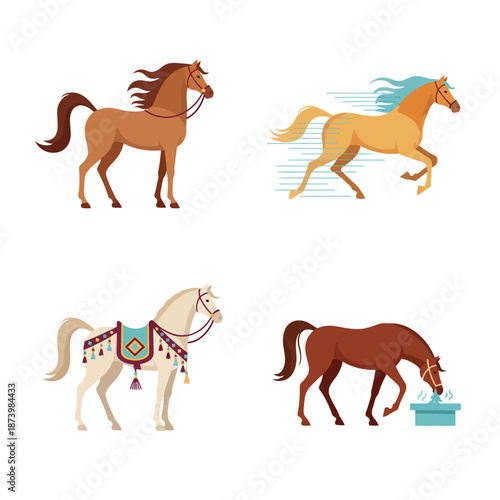 Set of four distinct horse illustrations, showcasing diverse breeds and activities in cartoon style