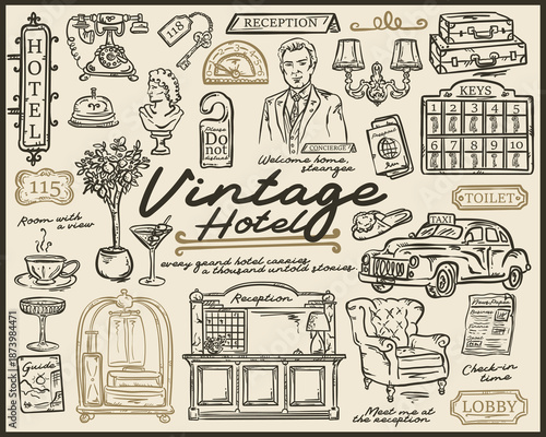 Vintage Hotel Whimsical hand drawn vector illustration set	