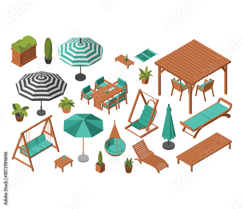 Collection of outdoor furniture and accessories in green and brown