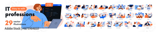 It professions, work on internet set. Software development, programming, marketing, 3d and web design. Information technology business. Flat graphic vector illustrations isolated on white background