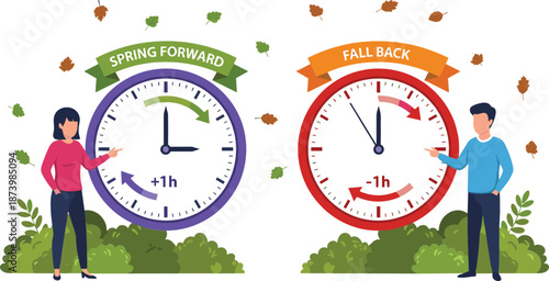 Detailed flat vector illustration of people explaining Spring Forward and Fall Back time changes with seasonal nature motifs.