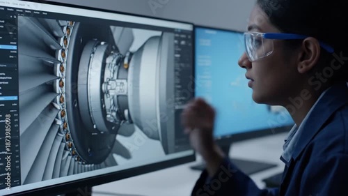Female Aerospace Engineer Analyzing Turbine Engine 3D Design on Computer Monitor