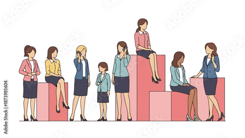 Diverse group of women of varying ages and heights standing and sitting on abstract geometric blocks, some using mobile phones.