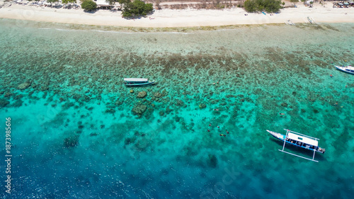 Amazing aerial view of Gili Meno coastline on a sunny day, Indonesia