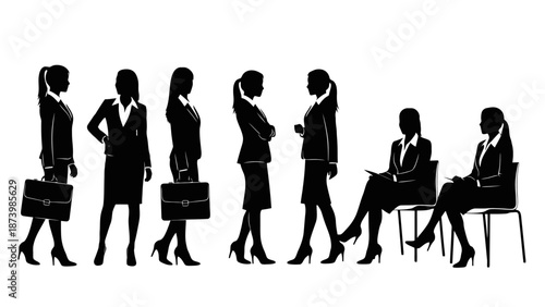 Silhouettes of businesswomen in various professional poses, showcasing diversity in attire and posture.