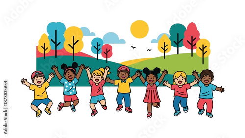 A diverse group of happy children jumping and holding hands in a park with trees and a sun.