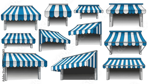 Collection of blue and white striped awnings for storefronts and windows, showcasing various designs and angles.