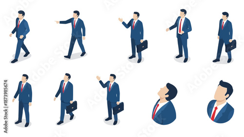 Isometric businessman character set with multiple poses and actions, suitable for presentations and infographics.