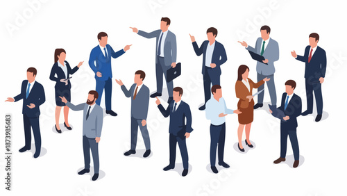 A diverse group of business professionals in suits are actively engaged in discussion and gesturing, suggesting collaboration and communication within a corporate setting.