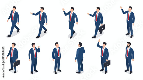 Collection of isometric businessman illustrations in various poses and actions, showcasing professional attire and briefcases.
