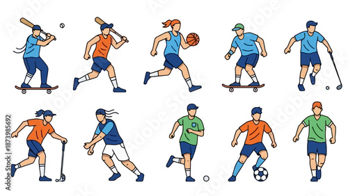 A vibrant collection of diverse athletes engaged in various sports and recreational activities, depicted in a clean, modern line art style.
