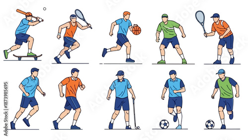 Collection of diverse male athletes engaged in various sports activities, showcasing dynamic movements and equipment.