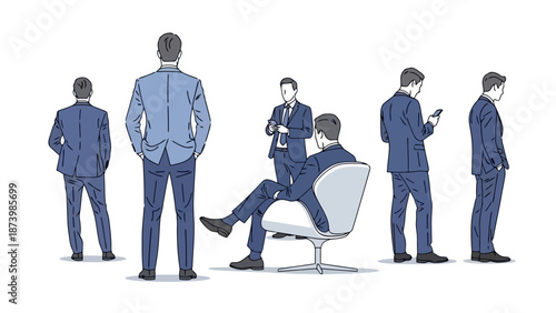 A group of businessmen in blue suits standing and sitting in various poses against a white background.