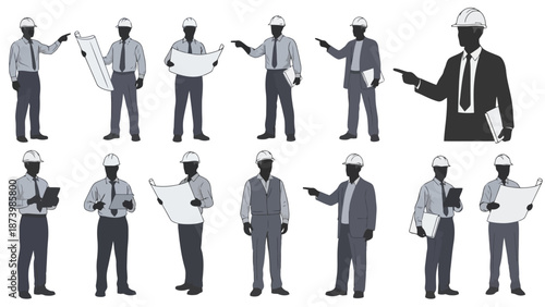 Collection of Silhouettes of Architects and Engineers in Various Poses Holding Blueprints and Documents.