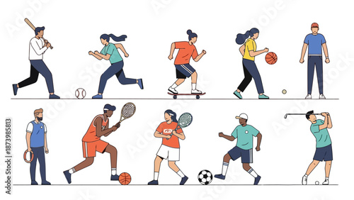 A diverse group of people engaged in various athletic activities, showcasing a range of sports and recreational pursuits.