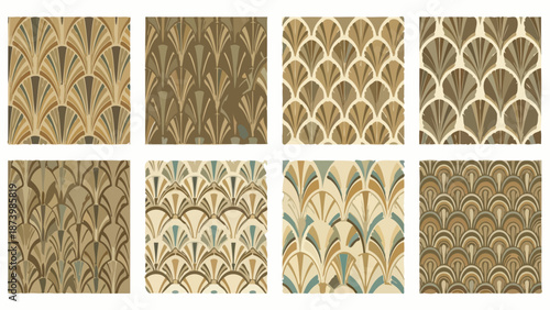 A collection of eight seamless art deco fan patterns in various shades of brown, beige, and muted blue.
