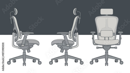 Three-view illustration of an ergonomic office chair with adjustable headrest and lumbar support, showcasing side and front profiles.