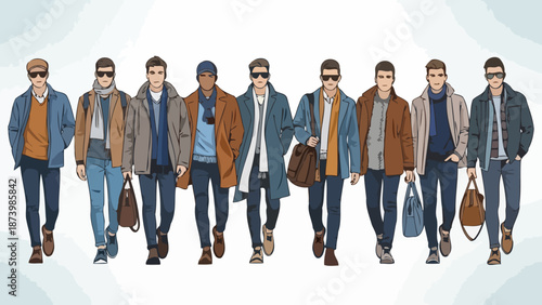 A diverse group of stylish men showcasing a variety of fashionable autumn and winter outfits, each with unique accessories and footwear.