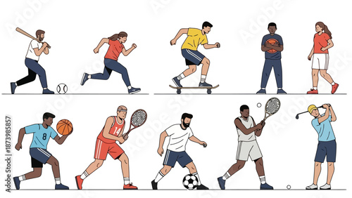 Diverse group of athletes engaged in various sports activities, showcasing a range of physical fitness and recreational pursuits.