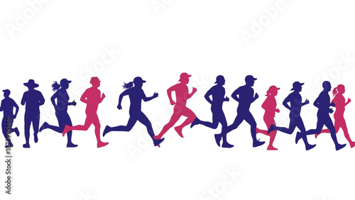 A diverse group of runners, men and women, in silhouette, participating in a race or fitness activity.