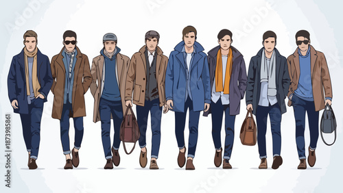 A diverse group of men showcasing stylish winter fashion outfits, each with unique coats, scarves, and accessories.