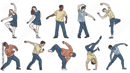 A diverse group of people performing various dance moves, showcasing different styles and poses.