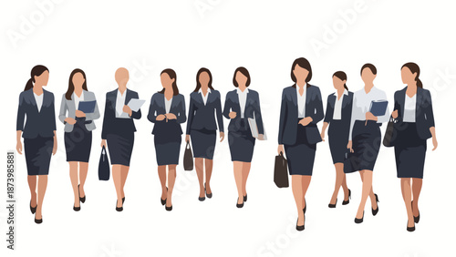 A diverse group of professional women in business attire walking forward confidently.