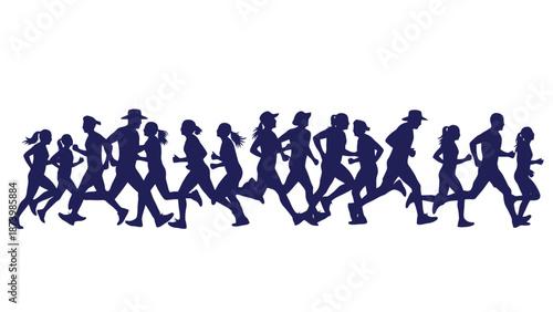 A diverse group of people of various ages and genders are depicted in silhouette, running together in a line, suggesting a communal activity or event.