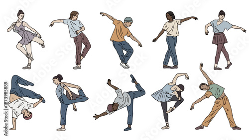 A diverse group of people performing various dance styles, showcasing flexibility and movement.