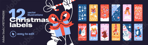 Cute designs of Christmas labels set. Funny templates of Xmas tags for winter holidays gifts. Printable layouts of greeting cards for New Year presents from Santa Claus. Flat vector illustrations