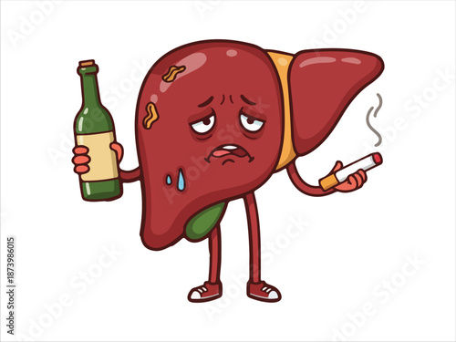 Cartoon Liver Character Holding Beer Bottle and Cigarette