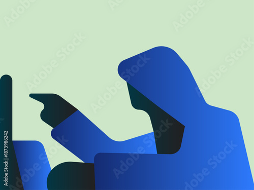 Digital hacker illustration. Cybersecurity concept with hooded user.