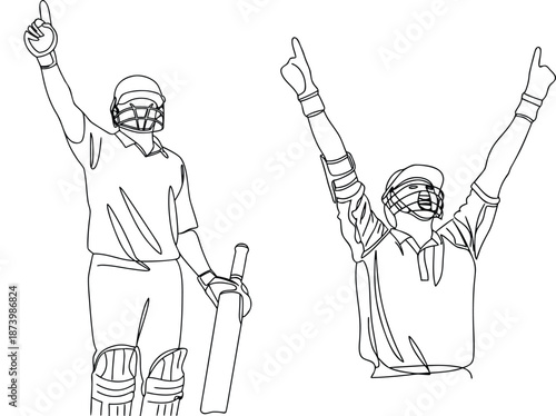 Cricket Players Celebrating Victory Line Art Vector Illustration