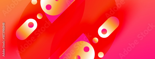 Abstract vibrant shapes, red orange hues dominate. Smooth gradients create dynamic visual effect. Modern design, energetic composition.
