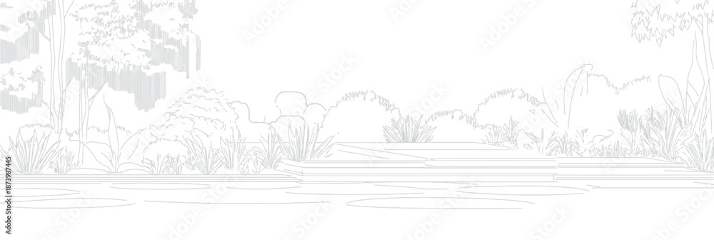Obraz premium Minimalist line drawing of landscaped garden pond with surrounding shrubs, aquatic plants, and layered stone edging in side view perspective for landscape design concept