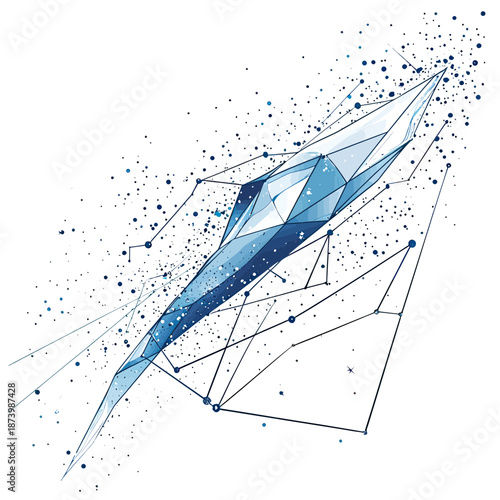 Abstract geometric origami ski jet with dynamic constellation lines and starry space background in minimalist vector style summer sports concept illustration